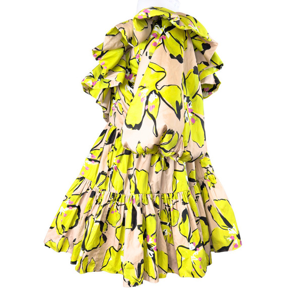 Aje Mini Dress Pelicano Floral‎ Green Chartreuse Tan Balloon Sleeve Ruffle Sz 8 - Picture 7 of 13